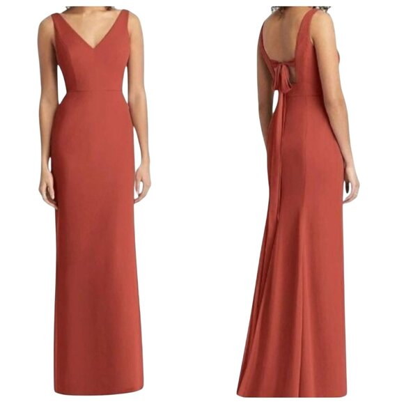 NEW Social Bridesmaids Sleeveless‎ Tie Back Chiffon Trumpet Gown Amber Sunset 8 - Picture 1 of 14